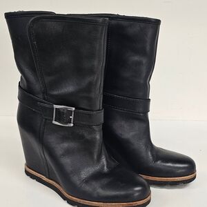 UGG Black Leather Wedge Boots with Silver Buckle